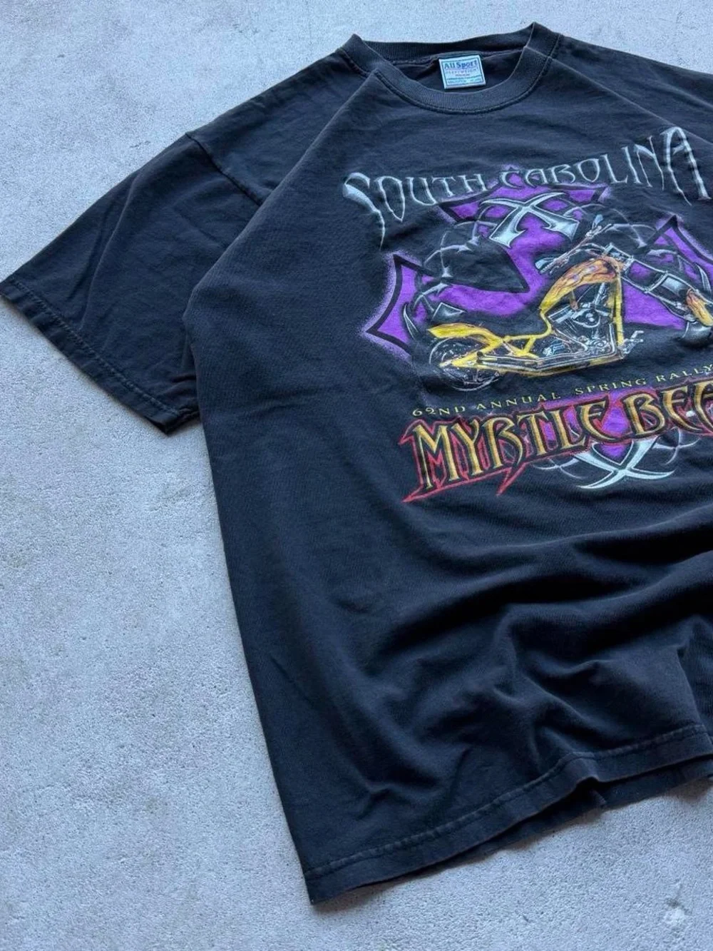 Vintage Y2k 2000s Faded Myrtle Beach Spring Rally Biker Flames Cross Chopper Tee
